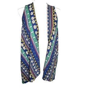 FRANCESCA'S Women's Medium Blue Boho Aztec Tribal Waterfall Hippie Vest Colorful